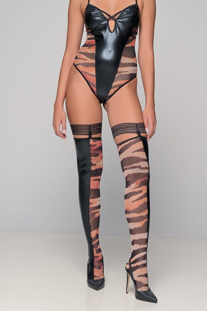 Κάλτσες Δερματίνη και Animal Print Τούλι - Nadia Lingerie
