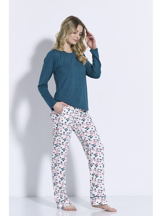 Jeannette Lingerie Χειμερινό Γυναικείο Σετ Πιτζάμας Βαμβακερό Πετρόλ - Nadia Lingerie