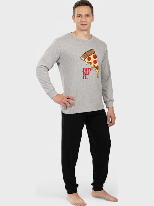 Ανδρική Πιτζάμα Nina Club Just Eat It Pizza Γκρι 100% Βαμβάκι - Nadia Lingerie