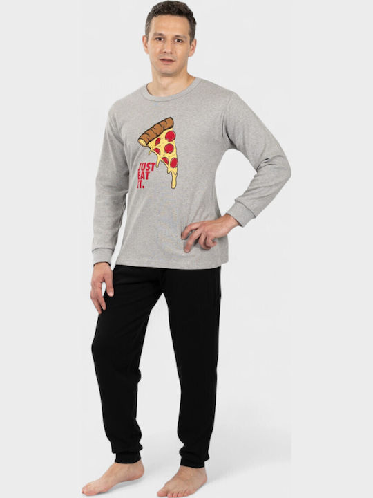 Ανδρική Πιτζάμα Nina Club Just Eat It Pizza Γκρι 100% Βαμβάκι - Nadia Lingerie